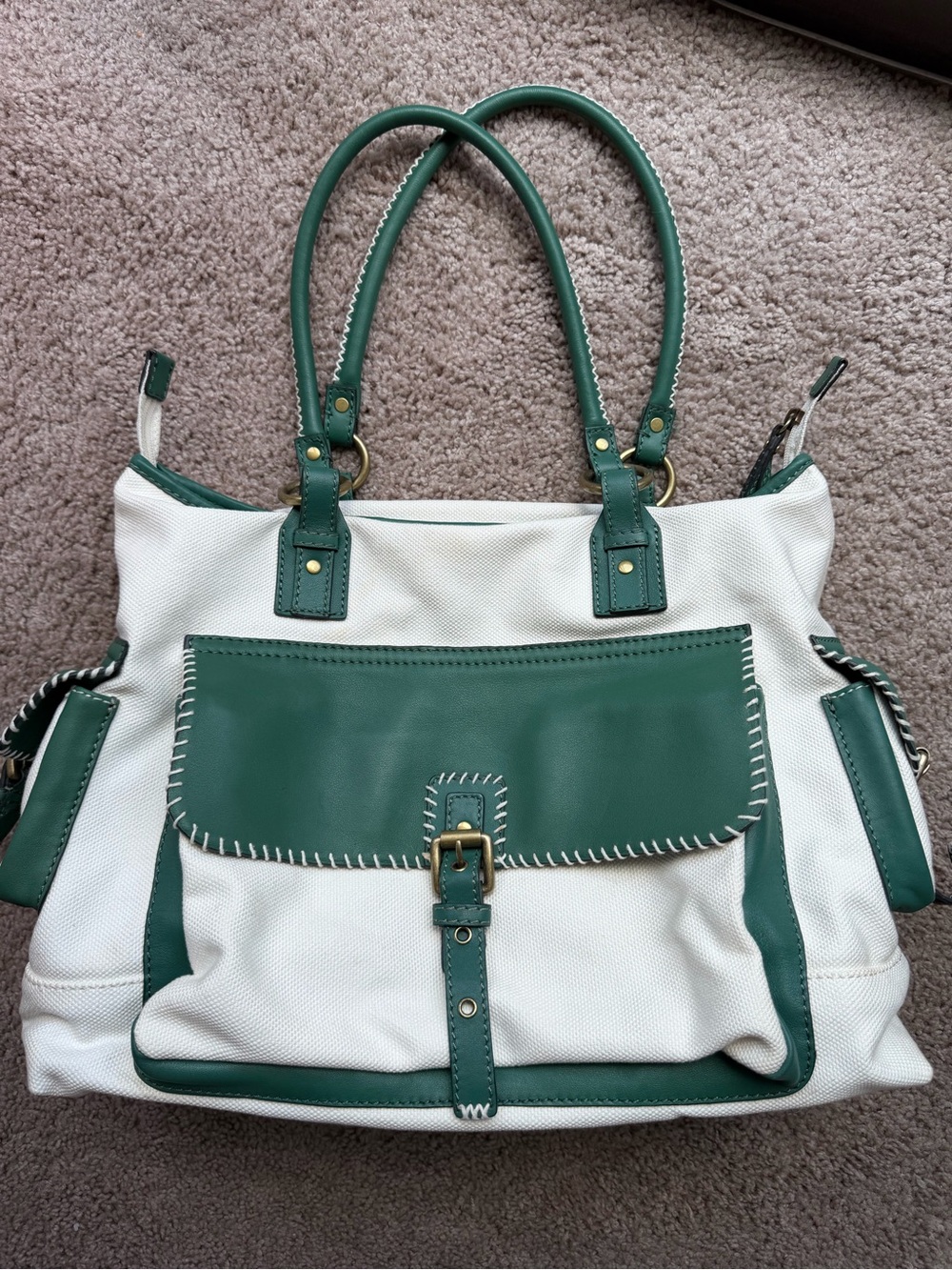 Canvas and Green Leather Tote Bag - White/Green